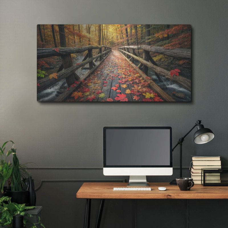  «Fall Forest Wooden Bridge» par Rey Klimt, art mural en métal, H 24 po x l 48 po