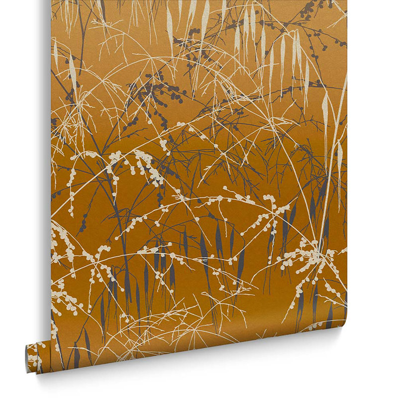 Floral Metallic Wallpaper Roll, Yellow Ochre/Soft Gold