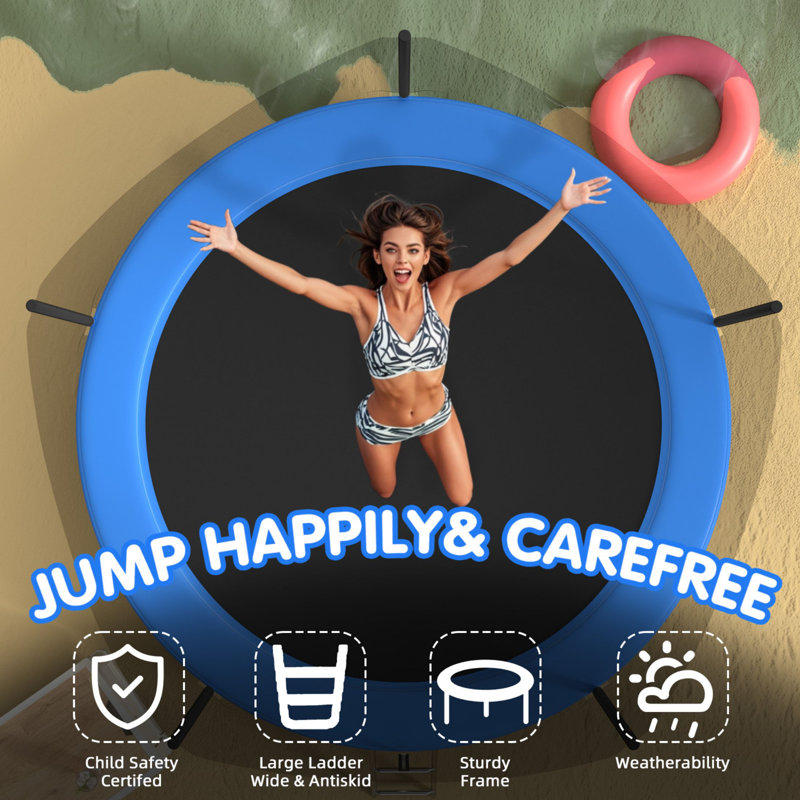 Blue 14FT Round Trampoline with Enclosure and Basketball Hoop