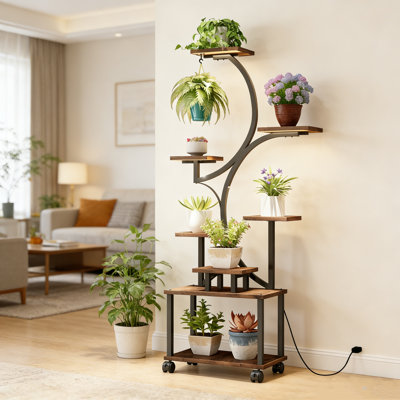 Étagère à plante de 62 po de hauteur avec lumières de croissance, grand support à fleurs à 8 niveaux avec support à plante de coin, MDF + métal