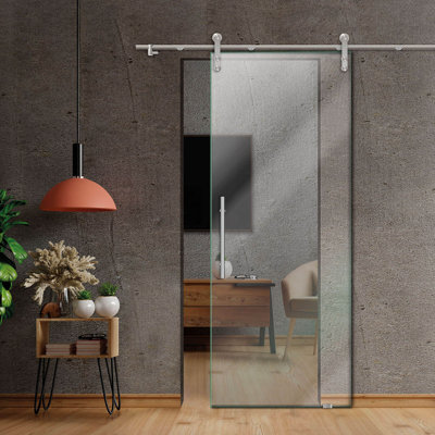 Porte coulissante de style grange, moderne, sans cadre, en verre clair, 119 x 208 cm, avec quincaillerie en acier inoxydable et poignée en T.