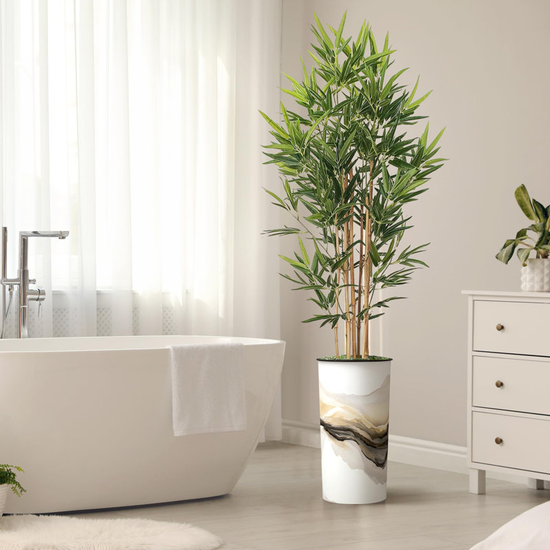 Artificial Tree in Black White Wood Tree Rings Pattern Planter Fake Bamboo Silk Tree, Abstract Land Yellow