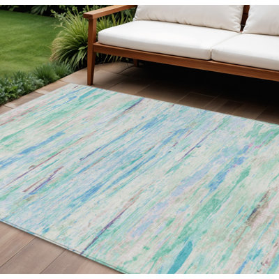 9' X 12' Teal Blue And Ivory Abstract Washable Indoor Outdoor Area Rug