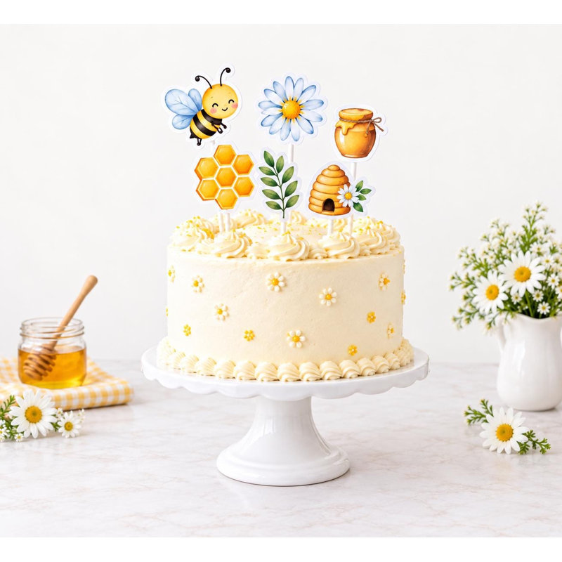 Honey Bee Garden Cake Decorations, Yellow Blue Bumblebee Daisy Baby Shower Toppers, Cardstock Picks