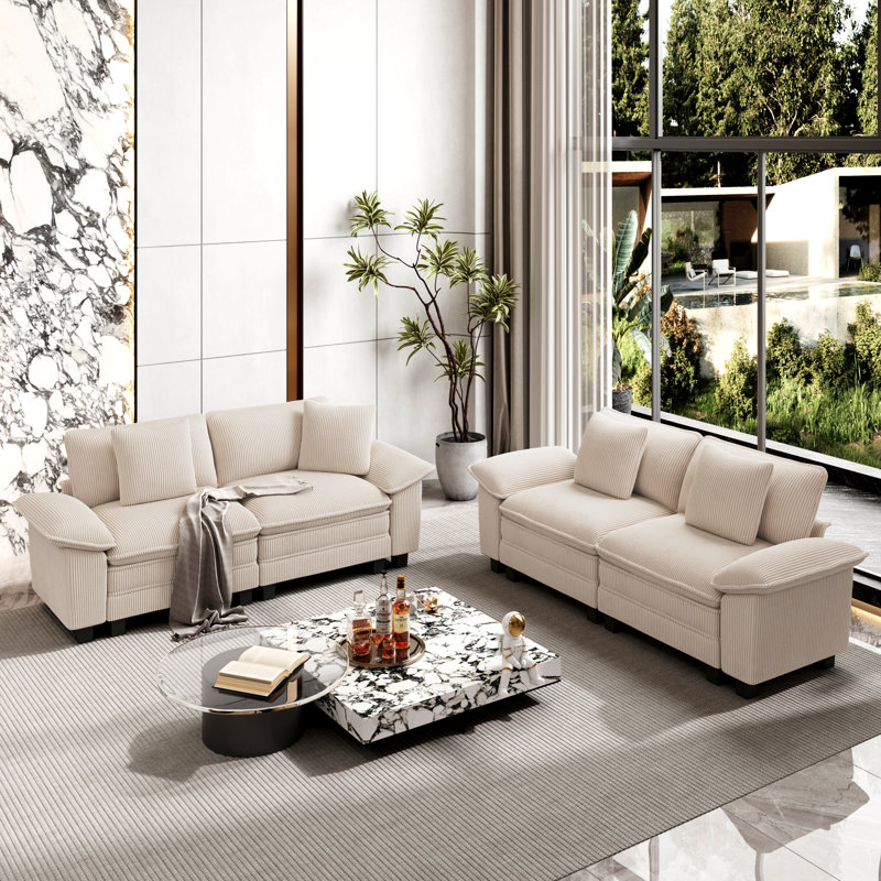 5 - Piece Living Room Set, Beige Corduroy