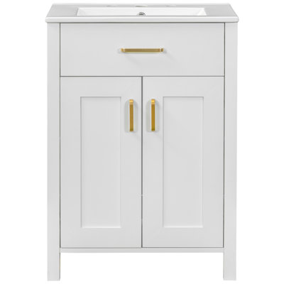 Meuble-lavabo 24 po - élégant et pratique. L 24,2 po x P 18,5 po x H 34 po. Évier en céramique inclus. Bois massif et bois massif Poignées dorées. Fonction de porte à fermeture en douceur. Vaste espace de rangement. Moderne avec peu d'espace.