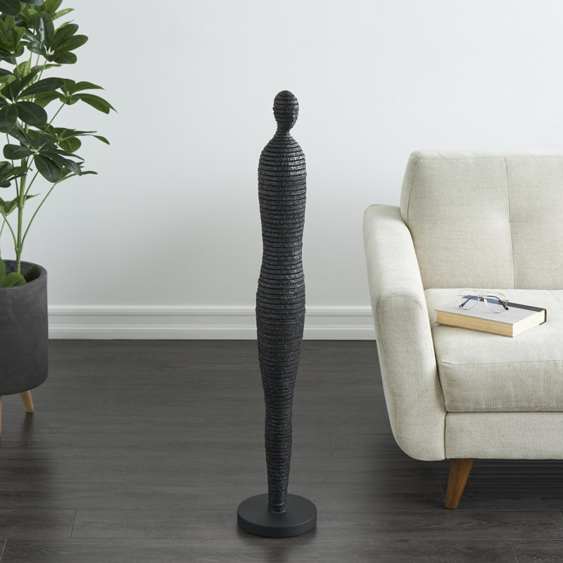 Black Polystone Tall Slim Figure People Decorative Sculpture with Ribbed Body and Glitter Accents, 43.2" H x 8" W x 8" D