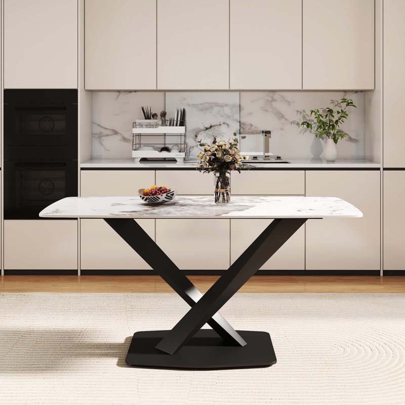 Table de salle à manger 63 pouces en pierre artificielle à bord arrondi avec pieds en métal noir Pandora, White Pandora/Black