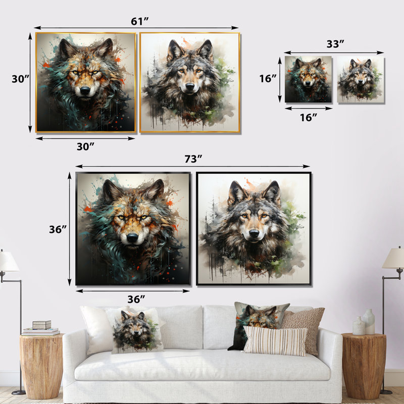 Solitude loup Portrait I - ensemble de 2 décorations murales loup, Toile tendue, H 16 po x l 33 po x P 1 po