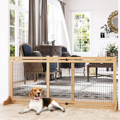 Très large barrière pour animaux de compagnie, l 72 po x H 28,05 po, réglable pour les chiens et les chats, finition en bois naturel, maison, porte, barrière de couloir, animaux de compagnie de petite et moyenne longueur, bois