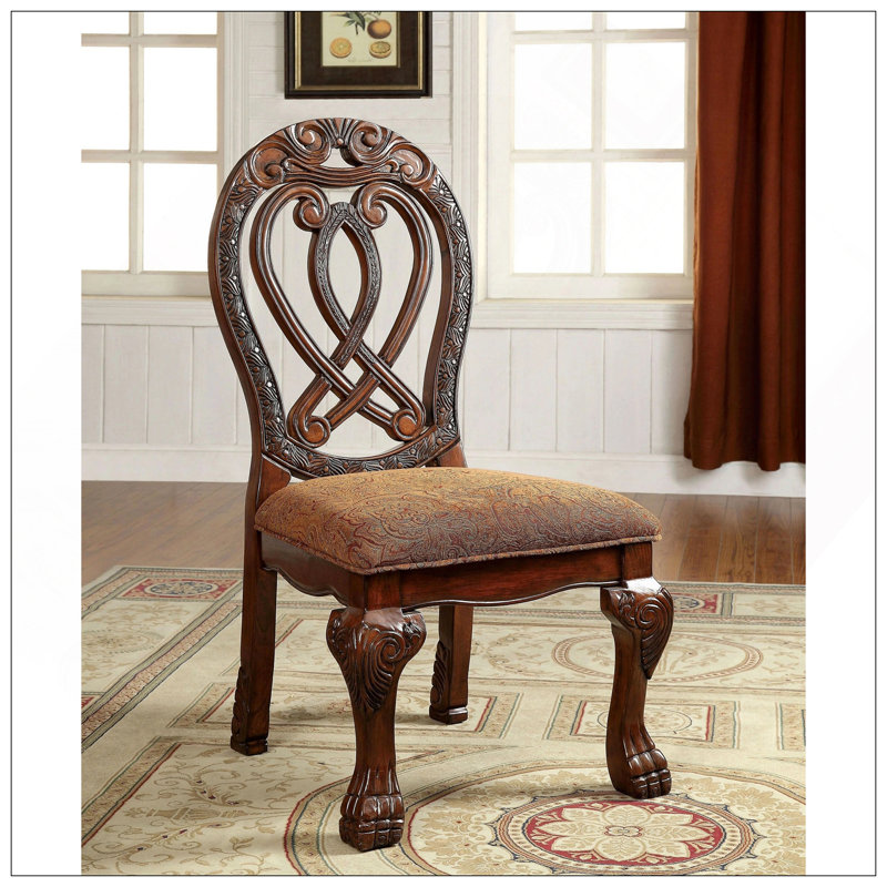 Chaises de salle à manger formelles majestueuses traditionnelles avec détails sculptés complexes, bois massif et siège en tissu, ensemble de 2