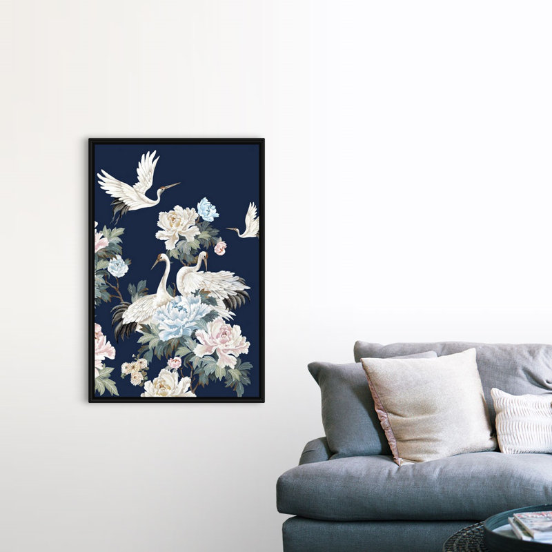 «Pearly White Cranes II» par Eva Watts - reproduction d'art, Toile avec cadre noir, H 50 po x l 34 po x P 1,75 po