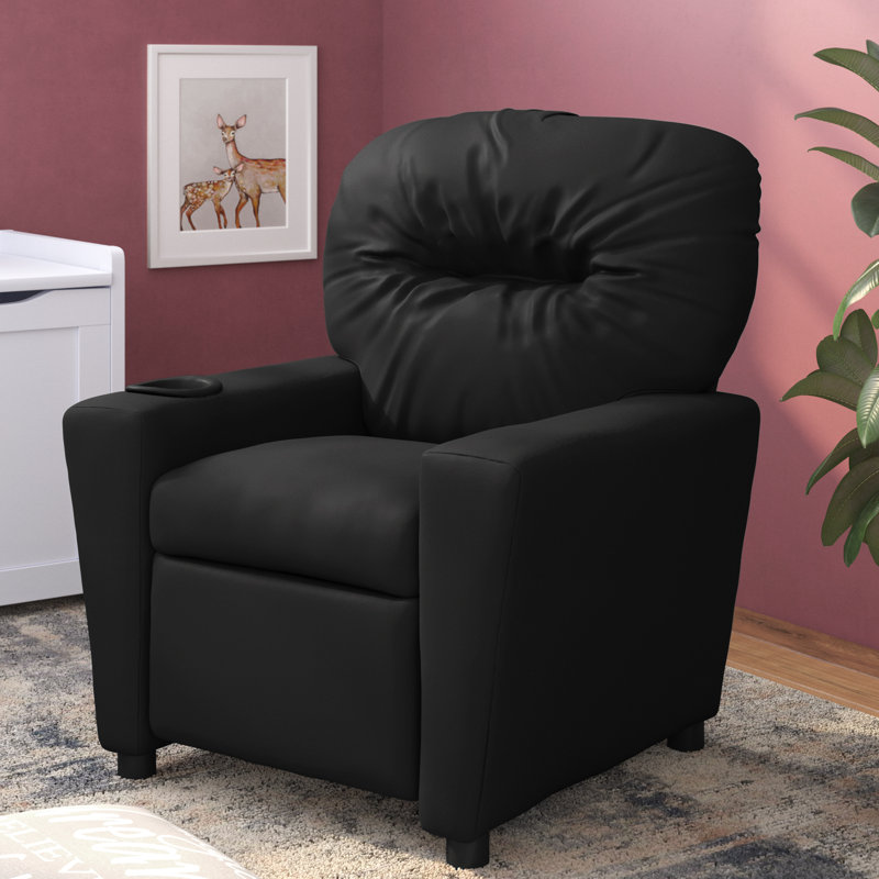 Contemporary Kids Recliner with Cup Holder, Leather - Black