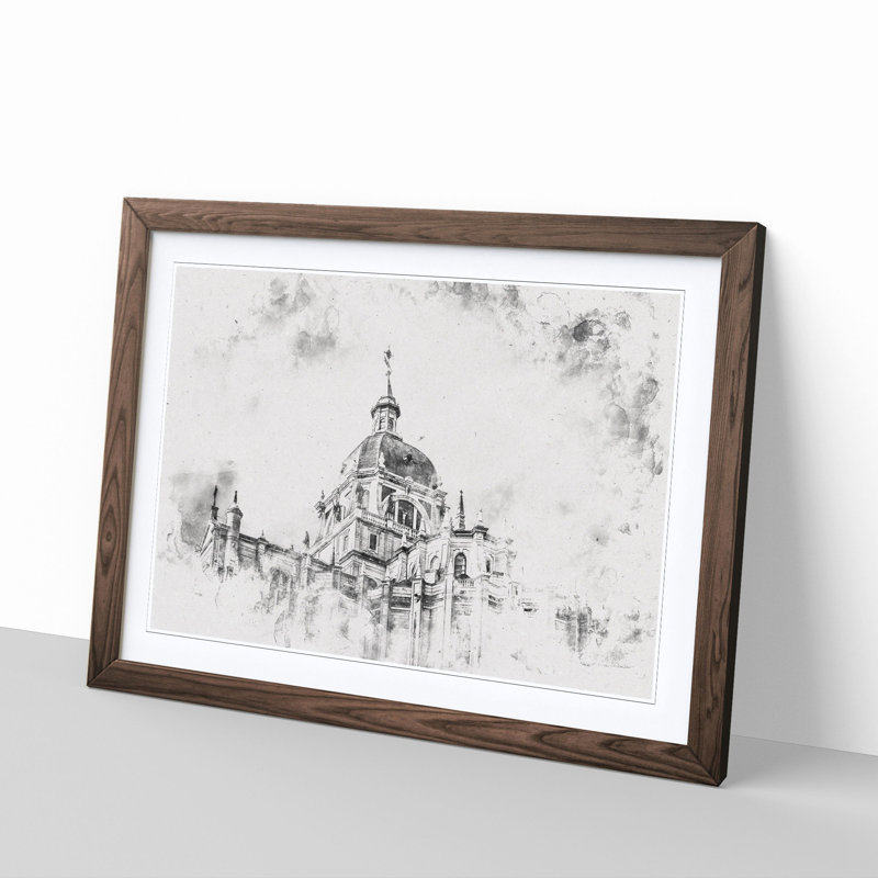 Almudena Cathedral In Madrid Spain Watercolour - Single Picture Frame Print on MDF, Walnut Framed, 45cm H x 63cm W x 2cm D