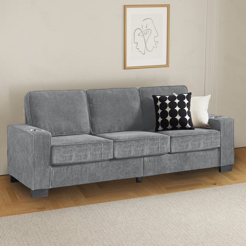 Canapé 84 places à accoudoirs carrés 84 po avec 2 coussins décoratifs, Velours côtelé gris