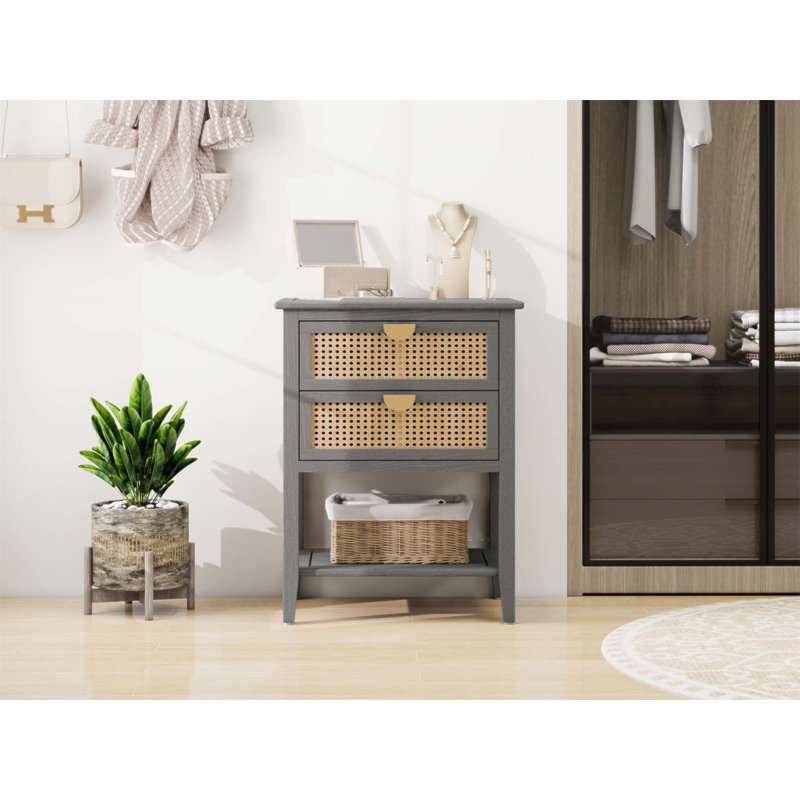 Table d'appoint 2 tiroirs en rotin avec esthétique naturelle et design durable, parfaite pour la chambre à coucher, le salon et le bureau