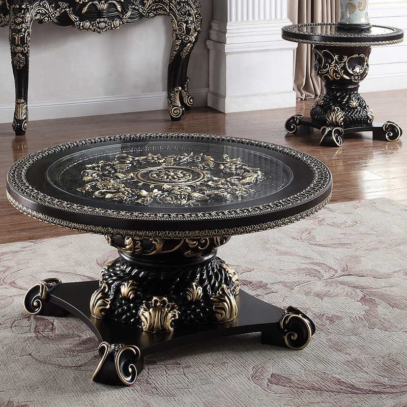 Table basse ronde sculptée à la main avec motif Old World Center, Noir