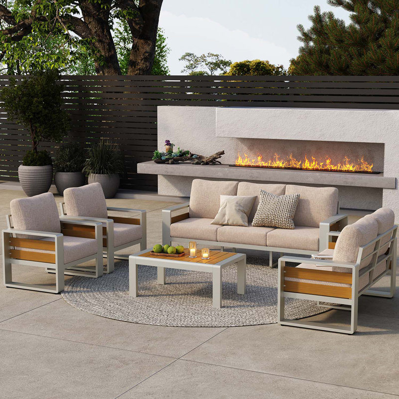 Ensemble de meubles d'extérieur en aluminium 5 pièces avec table basse et coussins épais, Beige