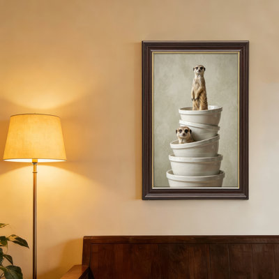 Art mural antique sur toile encadré doré pour le salon, la chambre à coucher, le bureau ou le vestibule - décoration murale décorative avec pile de suricate