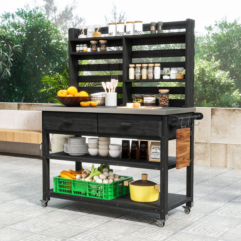 Table de rempotage d'extérieur avec plateau en acier inoxydable et roues verrouillables pour le jardinage ou le barbecue