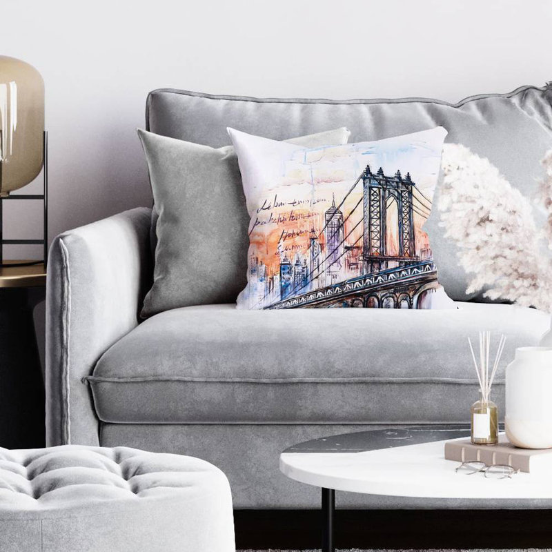 Bridge sketch - 16"x16" Throw pillow - Poly twill - Print on demand, 16" x 16"