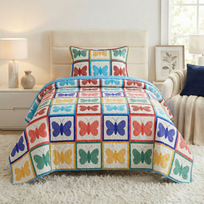 Ensemble de courtepointe 2 pièces Lavish Home - Couvre-lit simple et taie d'oreiller avec motif papillon coloré - Ensemble de literie pour courtepointe légère toutes saisons - Couvre-lit en microfibre douce (multicolore)