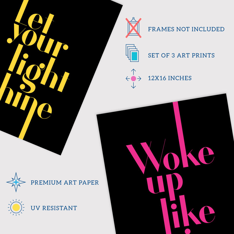 Neon Light Shine Woke Up Like This Focus Motivational Fun Quote - 3 Piece No Frame Print Set, 40.5cm H x 30.5cm W x 0.3cm D