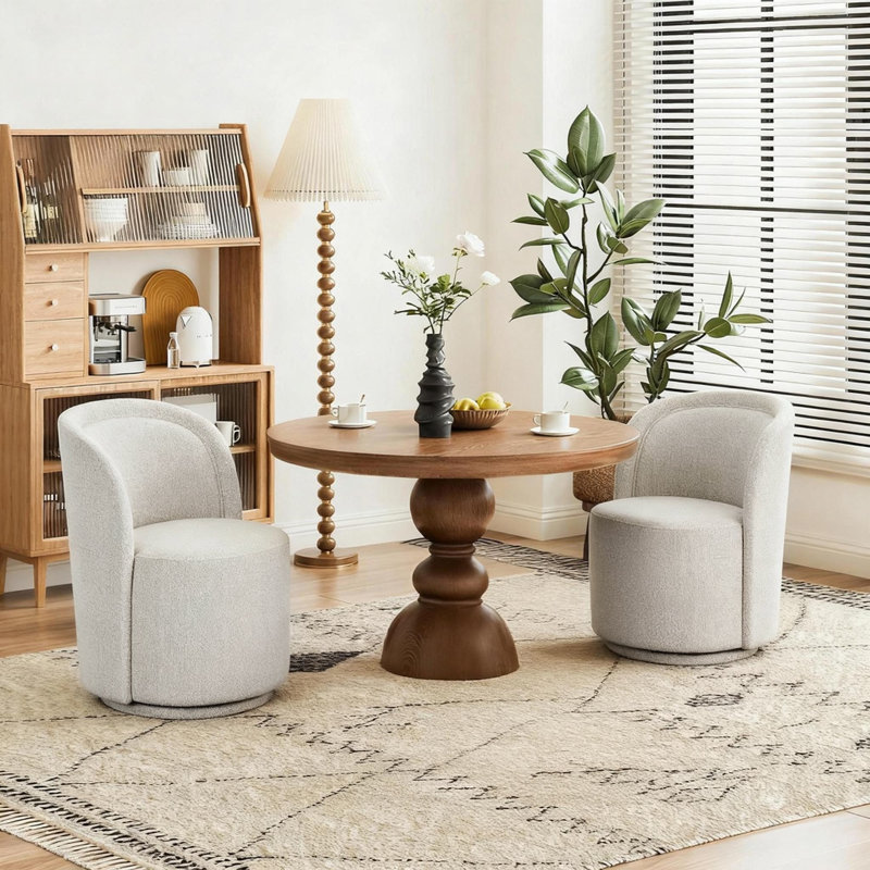 Modern Upholstered Chenille Swivel Barrel Dining Chair, Oatmeal, 1