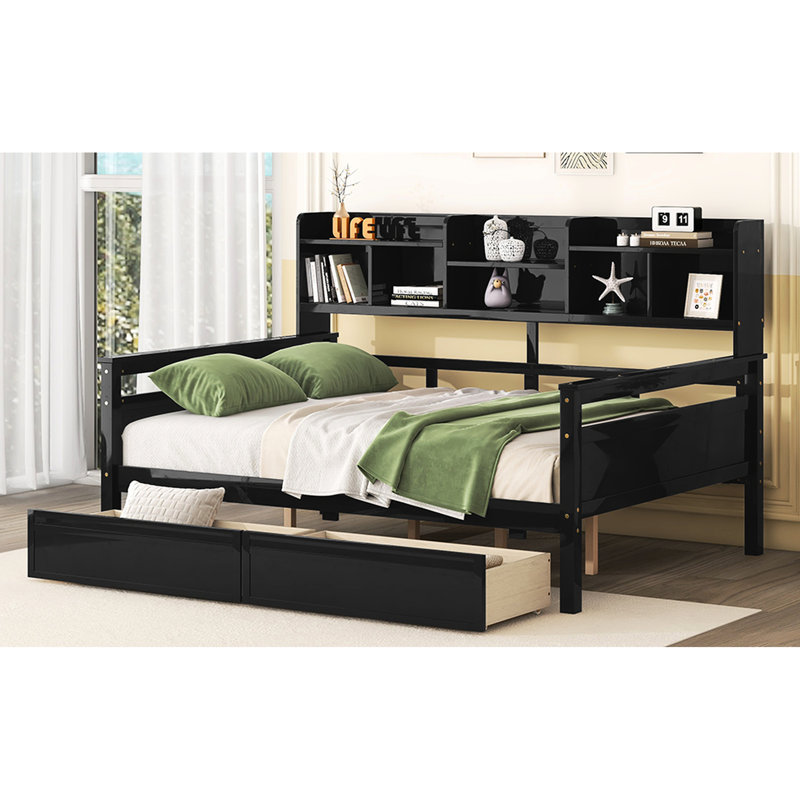 Lit de jour double avec deux tiroirs, tablette de chevet et support en lattes de bois, multifonctionnel pour la chambre à coucher