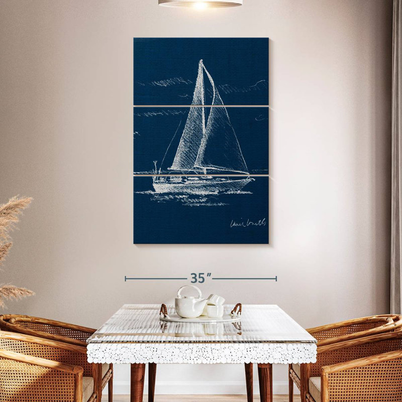 Voilier sur toile de jute bleue I, H 38 po x l 24 po