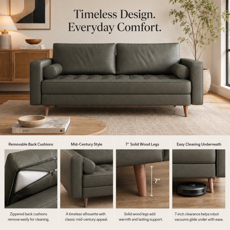 Canapé à accoudoirs carrés en cuir Bridgeview, H 33 po x l 58 po x P 32 po, Cuir végétalien gris