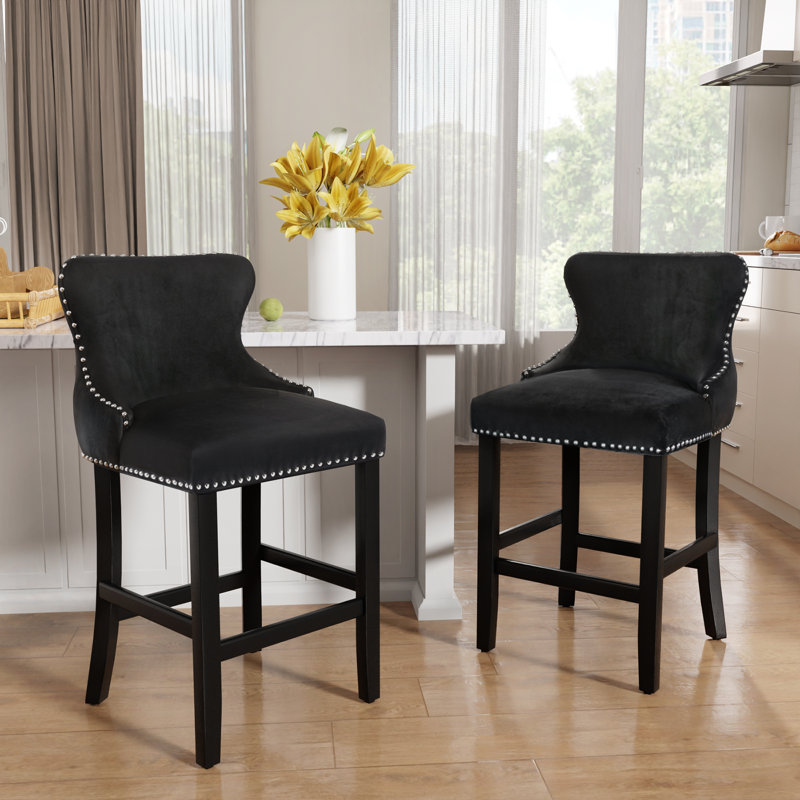 Ensemble de 2 tabourets de bar en velours avec dossier à oreilles en bois massif, Noir