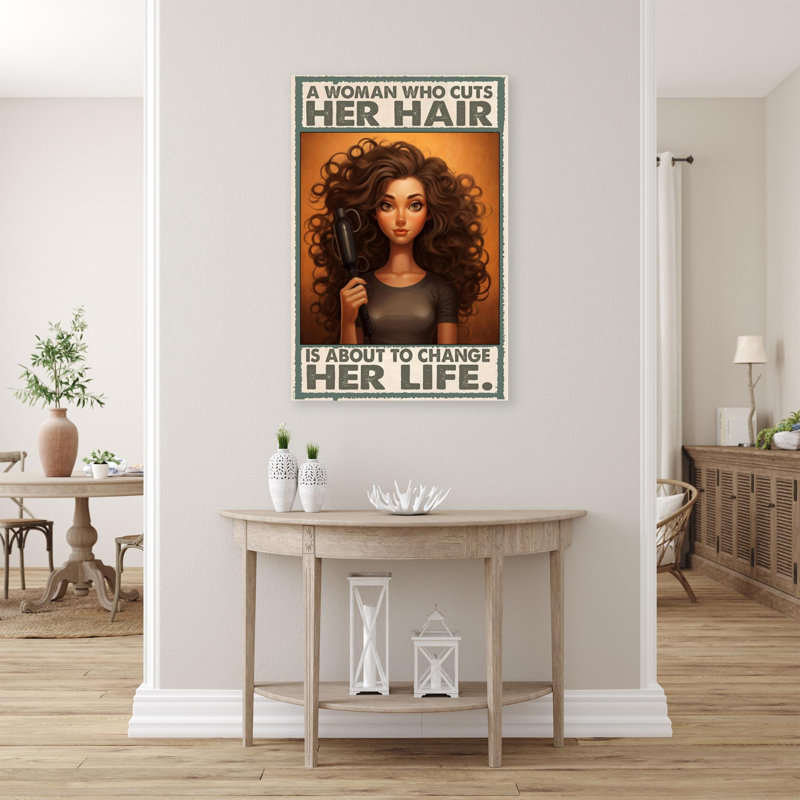 Une femme qui coupe ses cheveux - 1 pièce, reproduction d'art graphique sur toile tendue, L 16 po x H 20 po
