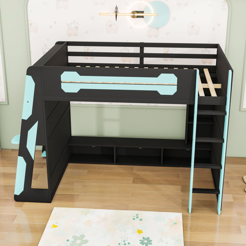 Lit mezzanine double avec bureau et rangement intégrés, Bleu nuage