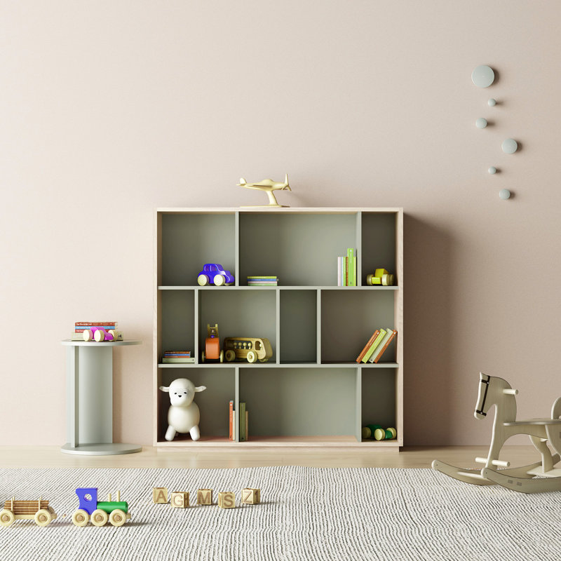 Geonna 117cm H x 111.5cm W Geometric Bookcase, Light Oak/Green