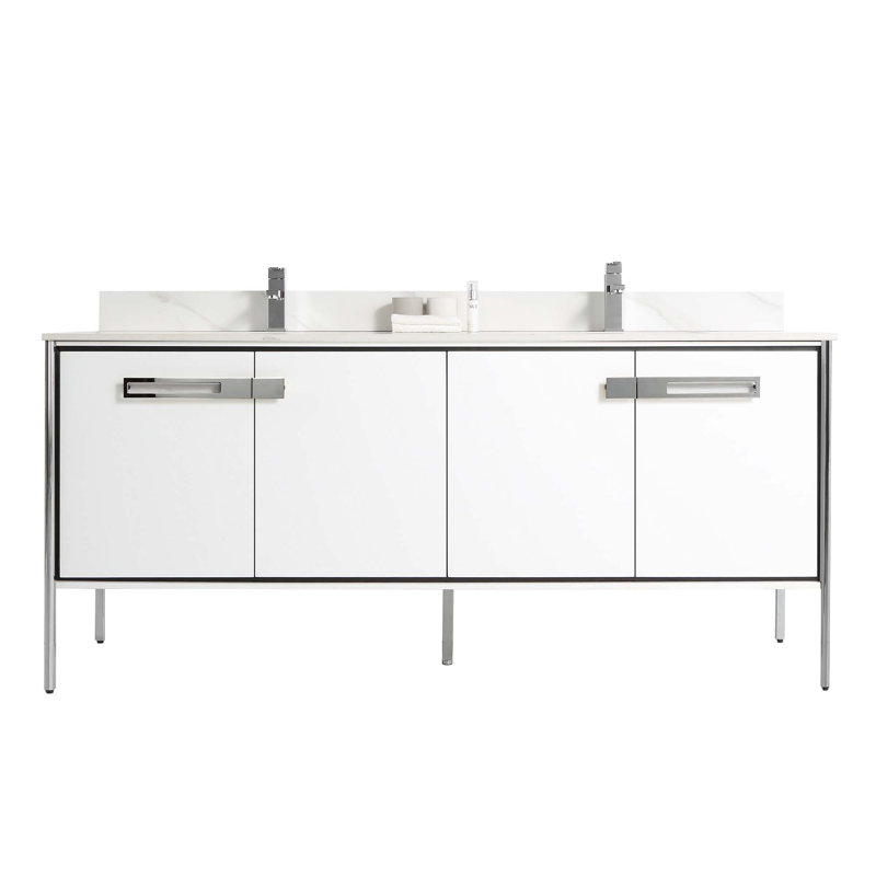 Meuble-lavabo double 72 po, Blanc mat, Chrome poli