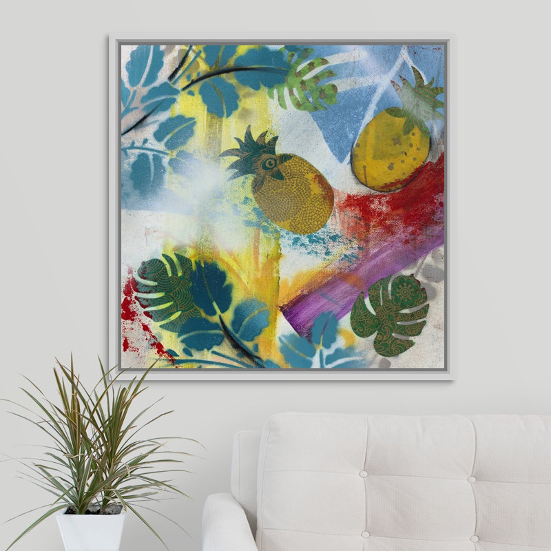 « new tropical bliss ii », peinture sur toile, H 31,7 po x l 31,7 po x p 1,75 po, Cadre flottant blanc