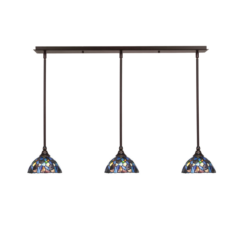 3 Light Stem Hung Linear Pendalier Shown With 7" Blue Mosaic Art Glass, Dark Granite