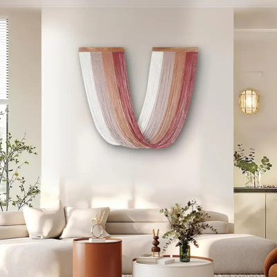 Large Boho Macrame Wall Hanging Tapestry - 33"X15" Horizontal Beige//Pink/White/Golden/Brown Tassel Fringe Curtain-Like Decor For Bed, Couch, Door - Fiber Macramé Wall Art For Bohemian Decoration (No Tools Needed)