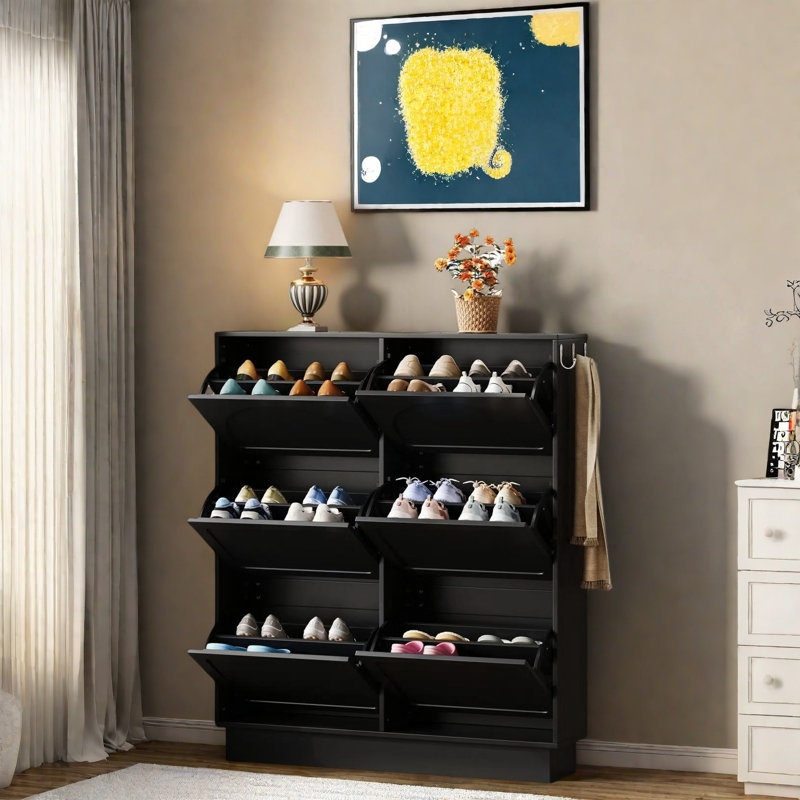Narrow Tipping Bucket Shoe Cabine With 6 Flip Drawers, Adjustable Shelf And 3 Silvery Hooks, Black