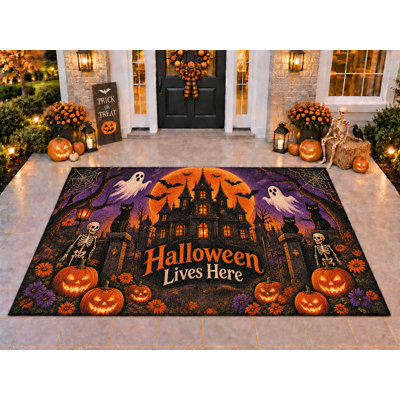 Tapis d'extérieur 152 x 213 cm (5 pi x 7 pi) à motif d'Halloween hanté, épais, imperméable, en PVC bouclé, résistant et à séchage rapide, idéal pour terrasse, balcon, entrée ou porche.