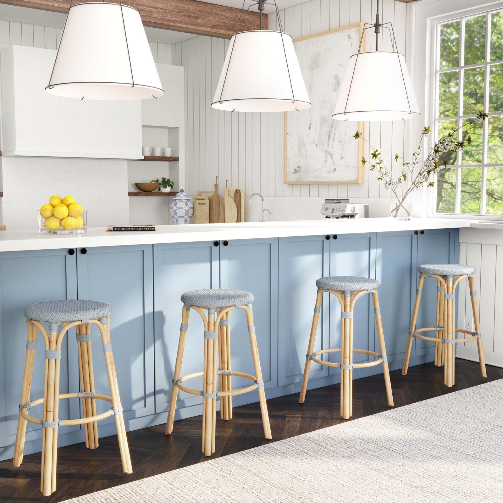 Alastair Bar & Counter Stool, Bar Stool (30" Seat Height), Baby Blue/Natural Rattan Frame