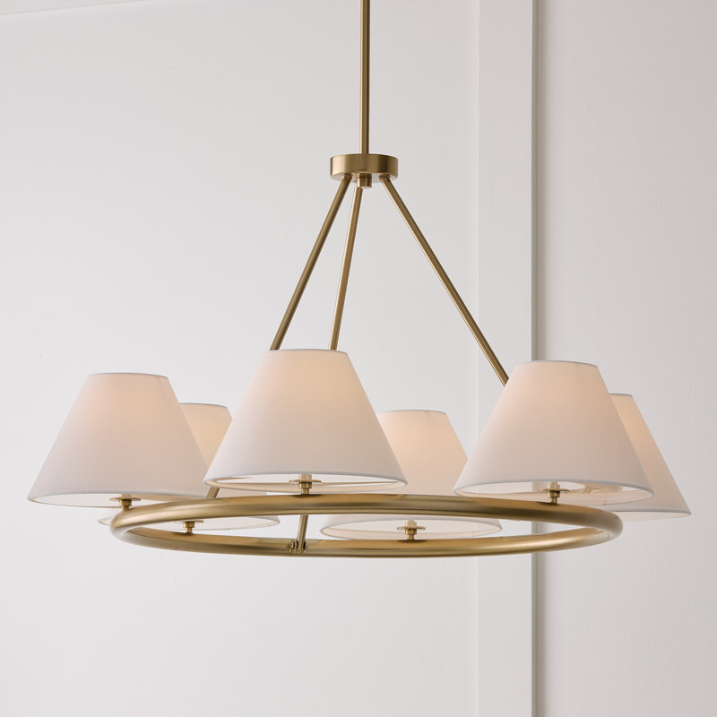 35"W x 19.50"H 6-Light Circular Chandelier in Matte Brass with Fabric Shades and Glass Diffusers