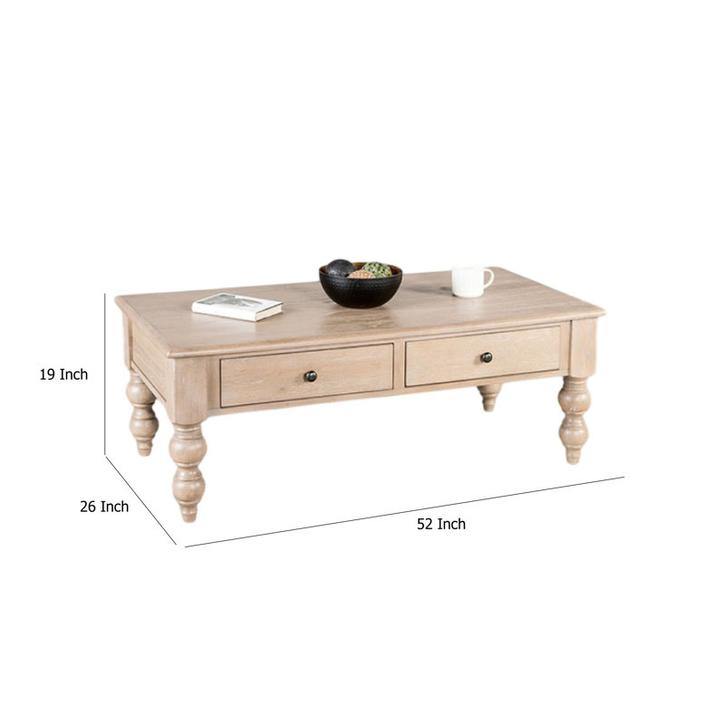Table basse Cherie, 2 tiroirs, bois délavé blanc clair, 52 po