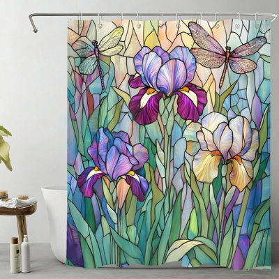 Stained Glass Iris Dragonfly Bath Curtain 72" x 72" (180x180 cm) Purple with Hooks