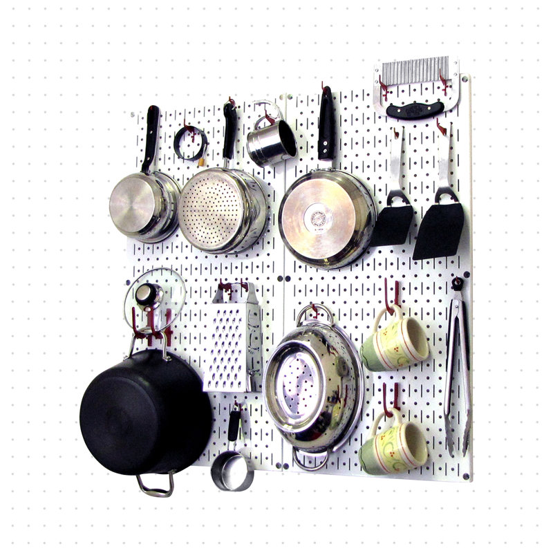 Metal Rectangle Wall Mounted Pot Rack, White /  Red
