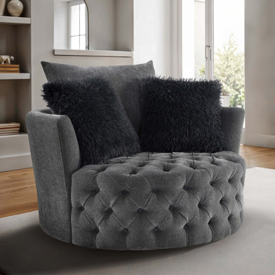 Transitional Style Button Tufted Swivel Round Chair