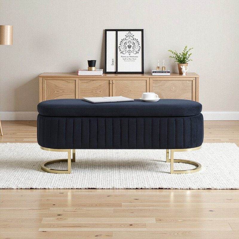 Banc de rangement rembourré 50 po avec repose-pieds de chambre, Noir