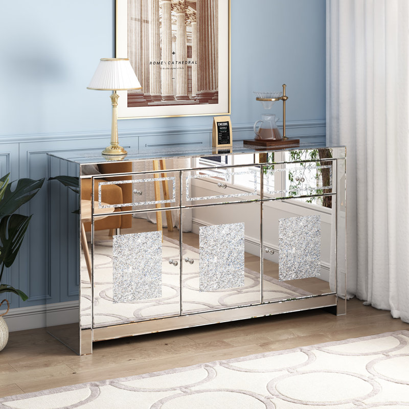 DeGrailly 53.15" Mirrored Glass Sideboard with 3 Drawers 3 Doors