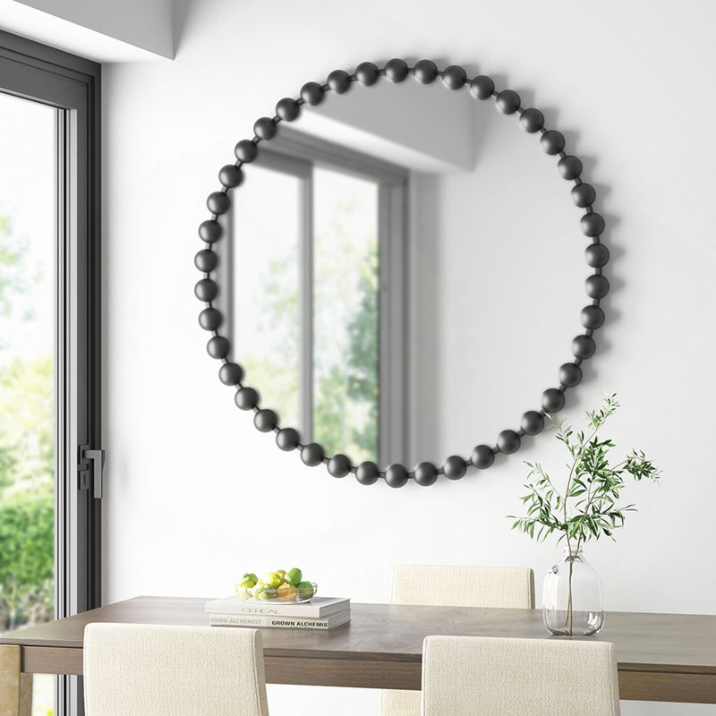 Beaded Round Wall Mirror, Black, 36" x 36"